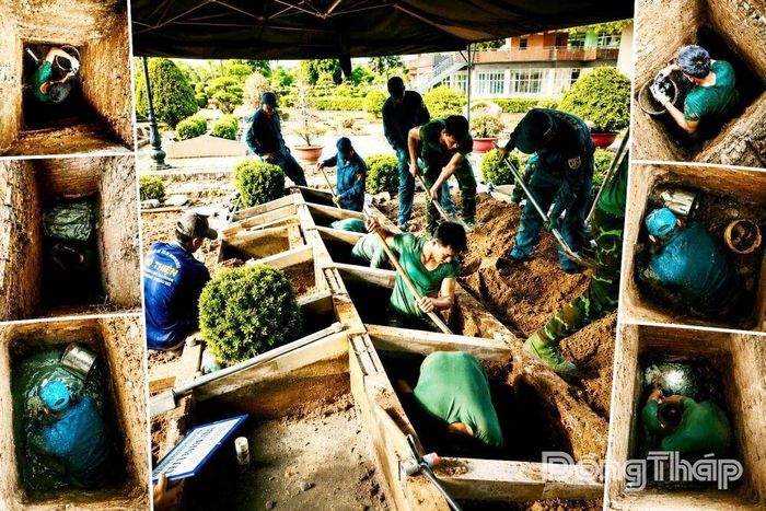 Mỗi thao tác tại phần mộ được cán bộ, chiến sĩ thực hiện chậm rãi nhằm bảo đảm giữ nguyên hiện trạng hài cốt liệt sĩ.