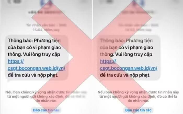 Cục Cảnh sát giao thông cảnh báo thủ đoạn phát tán tin nhắn SMS giả mạo thông báo phạt nguội, dụ người dân bấm vào đường link để đánh cắp thông tin, chiếm đoạt tài sản. Ảnh: SK&ĐS