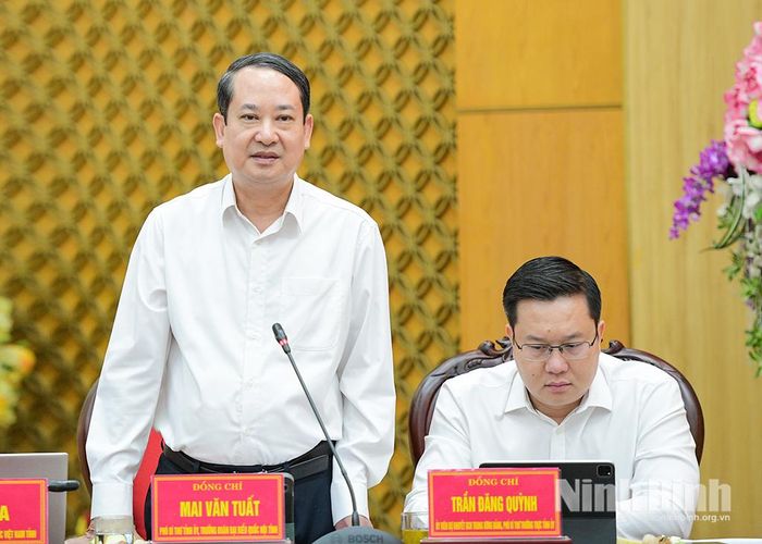 Đồng chí Mai Văn Tuất, Phó Bí thư Tỉnh ủy, Trưởng Đoàn đại biểu Quốc hội tỉnh phát biểu tại hội nghị.