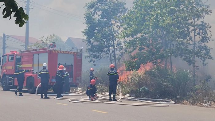 Lực lượng chức năng tích cực khống chế ngọn lửa, dập tắt đám cháy - Ảnh: Tạ Hưng
