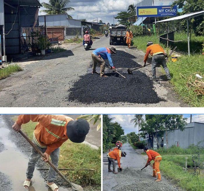 Công nhân dặm vá các vị trí hư hỏng trên quốc lộ 63.
