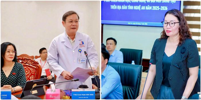 Giám đốc Bệnh viện Ung bướu Nghệ An - TS.BS Phạm Vĩnh Hùng và Phó Hiệu trưởng Trường Đại học Vinh - PGS.TS Nguyễn Thị Thu Cúc phát biểu tại buổi làm việc.