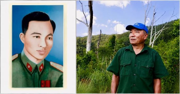 Anh Trần Ngọc Thắng (phải), con trai liệt sĩ Trần Vượng (ảnh bên), tại khu vực đầu nguồn suối Cù Bai, nơi cha anh hy sinh trong kháng chiến.