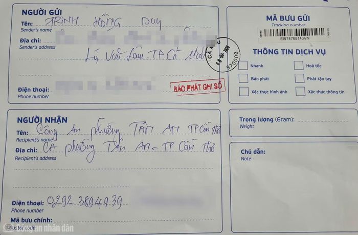 Bức thư mà anh Trịnh Hồng Duy gửi cảm ơn CBCS Công an phường Tân An, TP Cần Thơ.