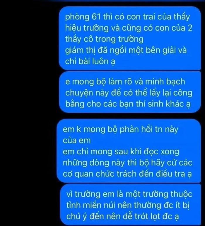 Nội dung đoạn tin nhắn tố cáo liên quan đến kỳ thi tốt nghiệp THPT ở Trường THPT Lê Trực, tỉnh Quảng Trị.
