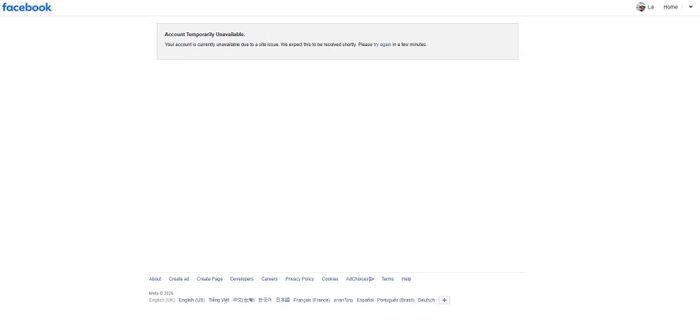Mạng xã hội Facebook báo lỗi tài khoản không khả dụng chiều 19/7. Ảnh chụp màn hình.