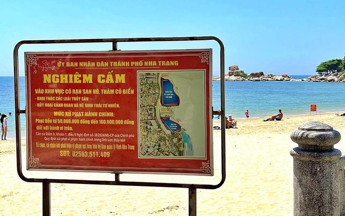 Cạnh biển Hòn Chồng có đặt các bảng thông báo nghiêm cấm vào khu vực có rạn san hô, thảm cỏ biển, khai thác thủy sản. Ảnh: Báo TT