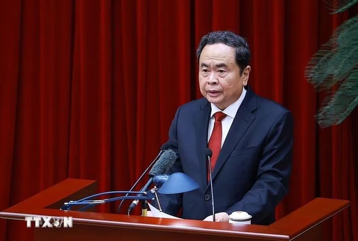 Đồng chí Trần Thanh Mẫn, Ủy viên Bộ Chính trị, Chủ tịch Quốc hội phát biểu. Ảnh: Dương Giang/TTXVN.