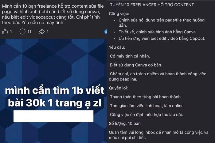 Hàng loạt tin bài tuyển dụng được với yêu cầu đơn giản xuất hiện trên các hội nhóm, rất dễ khiến người tìm việc trở nên mất cảnh giác khi bắt gặp “việc nhẹ lương cao”. (Ảnh chụp màn hình)