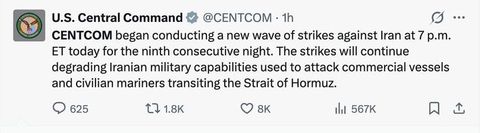  Thông báo đăng trên mạng xã hội X của CENTCOM 