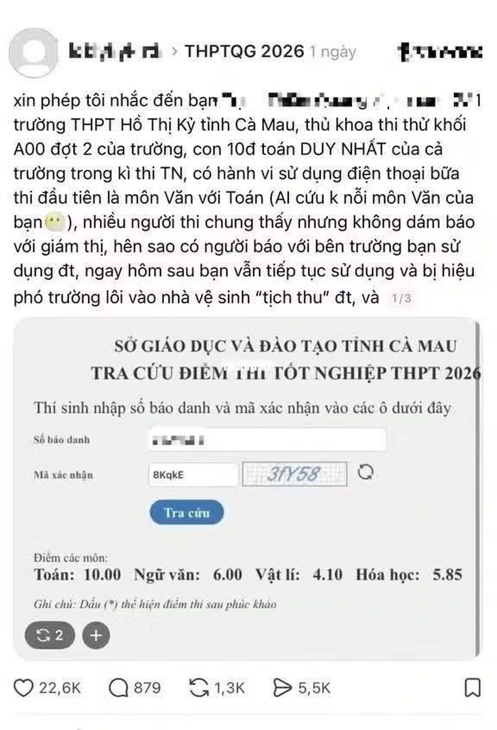 Thông tin thí sinh Trường THPT Hồ Thị Kỷ sử dụng điện thoại trong các buổi thi môn Ngữ văn và Toán đang lan truyền mạng xã hội. Ảnh chụp màn hình./Nguồn tienphong.vn