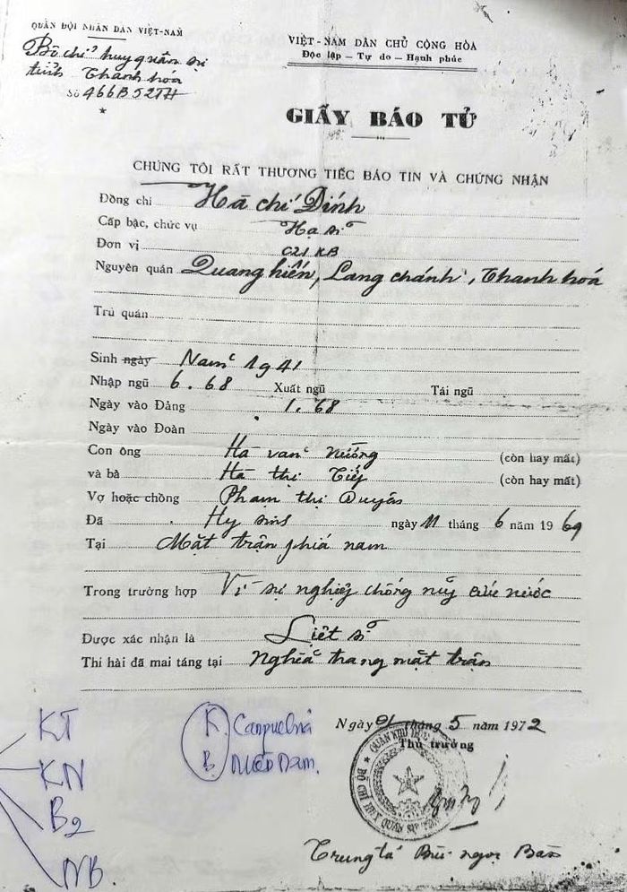 Giấy báo tử của liệt sĩ Hà Chí Đính.