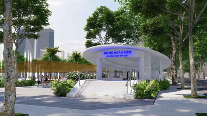 Phối cảnh ga ngầm C9 - tuyến đường sắt đô thị số 2 Nam Thăng Long - Trần Hưng Đạo. Ga C9 được đặt ngầm dưới đường Đinh Tiên Hoàng, phía Đông bố trí các lối ra và tháp thông gió trên quảng trường, phía Tây giáp vườn hoa, phía Nam kéo dài đến đoạn trước UBND TP Hà Nội.