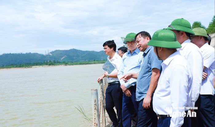 Thứ trưởng Nguyễn Hoàng Hiệp trao đổi với các đồng chí lãnh đạo tỉnh tại vị trí cống Nam Đàn 2 trên địa bàn xã Vạn An. Ảnh: Thành Duy