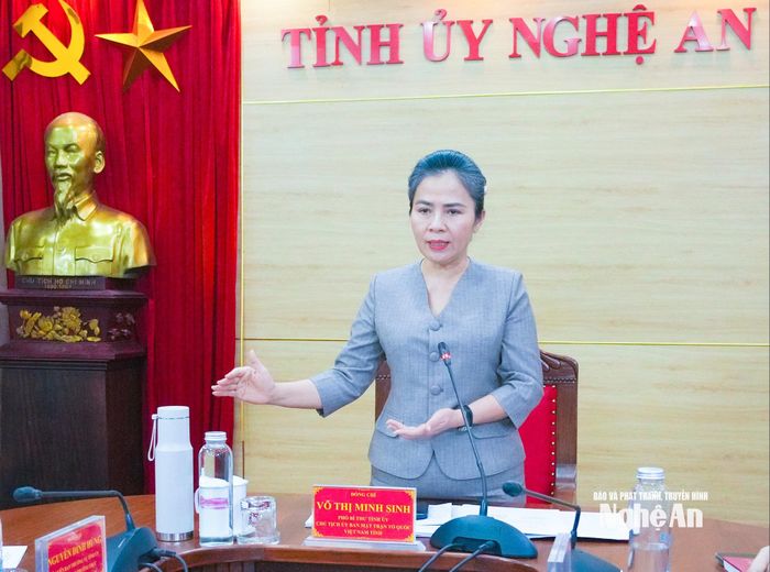 Đồng chí Võ Thị Minh Sinh - Phó Bí thư Tỉnh ủy, Chủ tịch Ủy ban MTTQ Việt Nam tỉnh phát biểu chỉ đạo tại cuộc làm việc. Ảnh: Mai Hoa