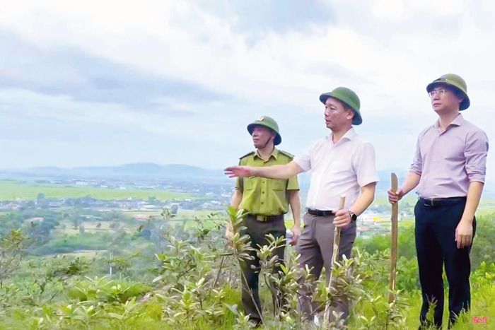 Chủ tịch UBND tỉnh Phan Thiên Định trao đổi với lực lượng chức năng về công tác chữa cháy rừng ở xã Trường Lưu.