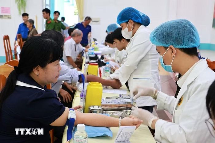 Đơn vị chuyên môn lấy mẫu sinh phẩm ADN thân nhân liệt sỹ chưa xác định thông tin. (Ảnh: Nhựt An/TTXVN)