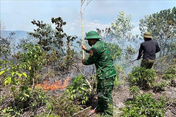 Đồn Biên phòng Cửa khẩu A Đớt, Ban Chỉ huy Bộ đội Biên phòng thành phố Huế cùng với các đơn vị địa phương kịp thời dập tắt đám cháy tại xã A Lưới 4, thành phố Huế. Ảnh: TTXVN phát