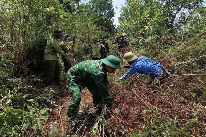 Đồn Biên phòng Cửa khẩu A Đớt, Ban Chỉ huy Bộ đội Biên phòng thành phố Huế cùng với các đơn vị địa phương kịp thời dập tắt đám cháy tại xã A Lưới 4, thành phố Huế. Ảnh: TTXVN phát