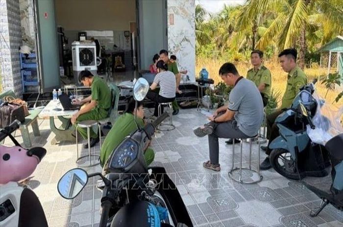 Lực lượng chức năng kiểm tra địa điểm nuôi nhốt động vật hoang dã tại ấp Phước Hội A, xã Phước Thạnh, tỉnh Tây Ninh. Ảnh: TTXVN phát