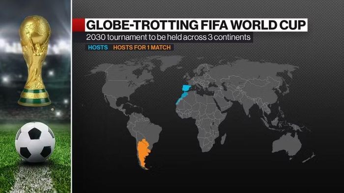 World Cup 2030 sẽ được tổ chức tại 6 quốc gia thuộc 3 châu lục để kỷ niệm 100 năm giải đấu. Ảnh: Bloomberg.
