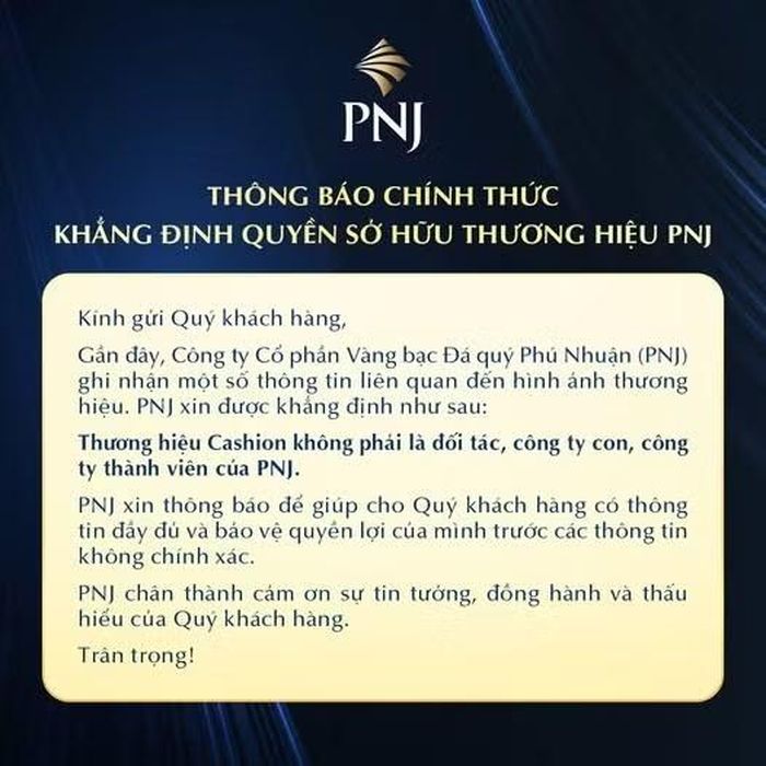 Thông báo được PNJ đưa ra hồi tháng 1/2026