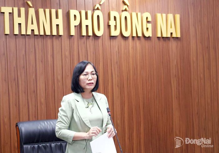 Thành ủy viên, Phó Chủ tịch UBND thành phố Nguyễn Thị Hoàng phát biểu tại buổi làm việc. Ảnh: Nguyệt Hà