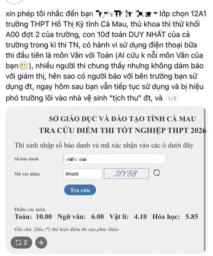 Bài đăng trên mạng tố nam sinh trường THPT Hồ Thị Kỷ dùng điện thoại trong phòng thi (ảnh chụp màn hình).