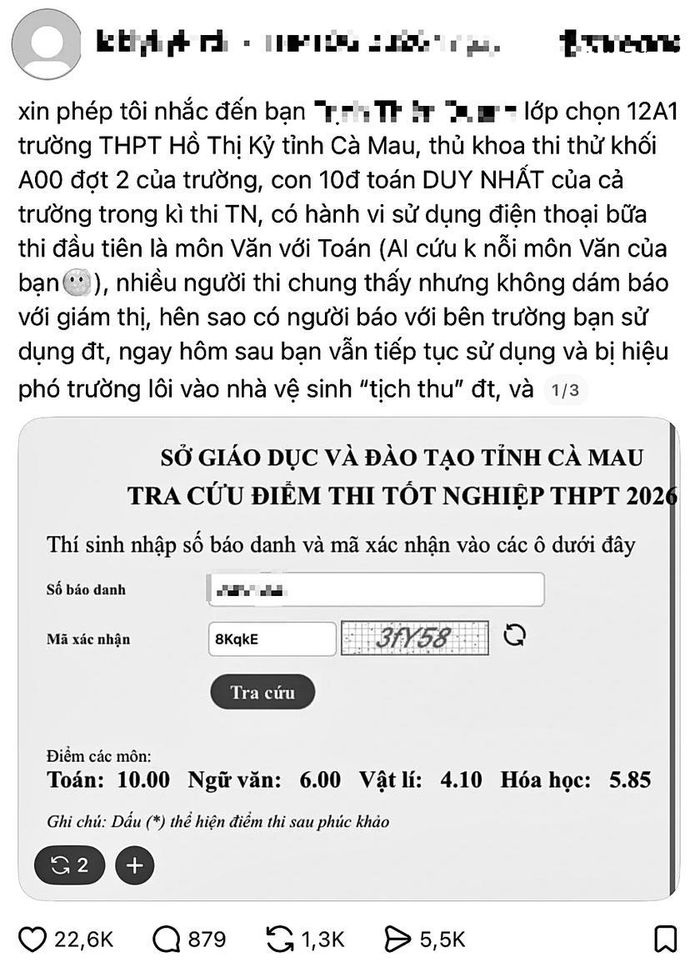 Bài đăng trên mạng xã hội phản ánh một học sinh Trường Trung học phổ thông Hồ Thị Kỷ (Cà Mau) đã mang và sử dụng điện thoại di động trong các buổi thi môn Ngữ văn và Toán.