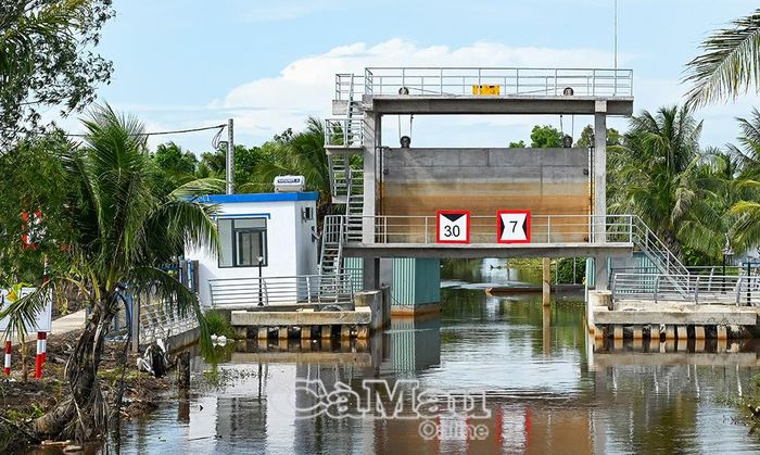 Hạ tầng phục vụ sản xuất với mục tiêu ngăn mặn - giữ ngọt, tháo úng - xổ phèn, tạo nền tảng hình thành những vùng chuyên canh lúa phát triển ổn định, bền vững. (Trong ảnh: Hệ thống cống và trạm bơm T29 - 500 tại xã Khánh Lâm).