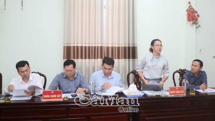 Đồng chí Trần Thị Huỳnh Dao, Trưởng Ban Văn hóa - Xã hội, HĐND tỉnh, trao đổi ý kiến về việc nộp thủ tục hành chính trực tuyến của người dân.