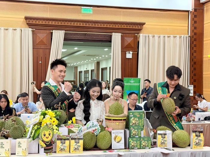 Các đại sứ truyền thông của Lễ hội sầu riêng ra mắt tại Họp báo. Ảnh: H.THOAN