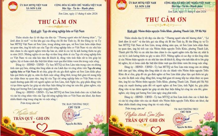 Thư cảm ơn của Chủ tịch Ủy ban MTTQ Việt Nam xã Sơn Lâm Nguyễn Bá Hiếu gửi Tạp chí Hữu cơ Việt Nam và Nhóm thiện nguyện Triều Khúc, TP. Hà Nội.