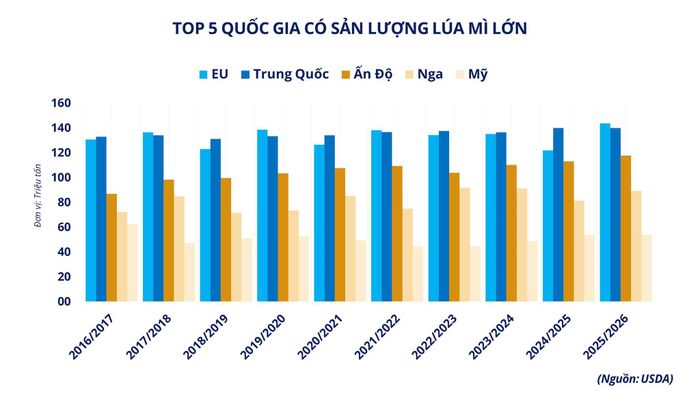 Top 5 quốc giá có sản lượng lúa mì lớn nhất thế giới. Nguồn: MXV