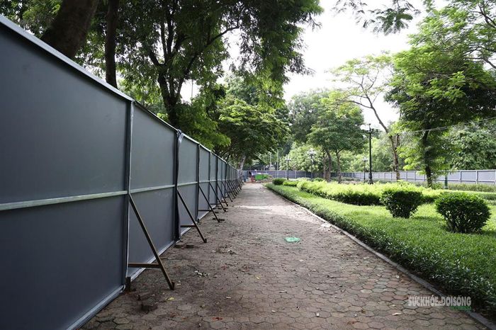 Hàng rào tôn kéo dài dọc lối đi bên trong vườn hoa.