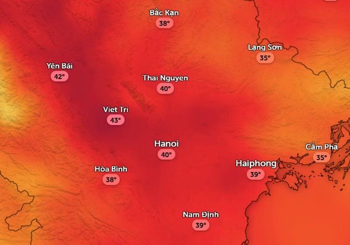 Nhiệt độ cảm nhận ở một số khu vực tại miền Bắc chiều nay, 21/7. Ảnh: Zoom Earth, OpenStreetMap, ICON.