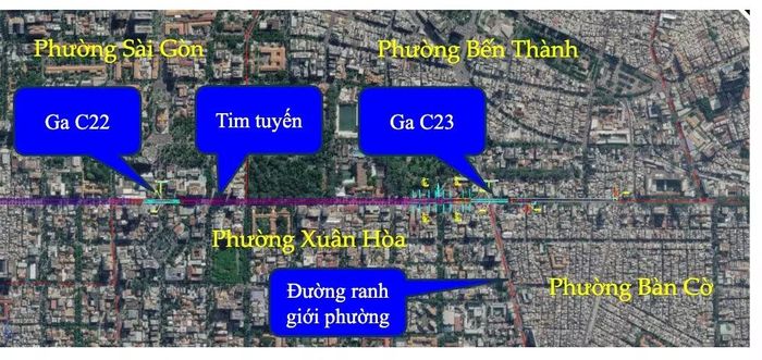 Ga cuối C23 dự kiến đi ngầm tại phạm vi nút giao đường Nguyễn Thị Minh Khai - Cách Mạng Tháng Tám (khu công viên Tao Đàn, phường Bến Thành). Ảnh: MAUR.