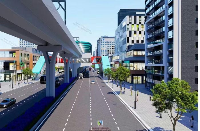 Phối cảnh tuyến Metro số 2 (Thành phố Thủ Dầu Một – TP.HCM) đoạn trên đường Phạm Ngọc Thạch đi trên dải phân cách giữa. Nguồn: MAUR.
