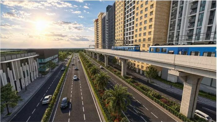 Phối cảnh tuyến Metro số 2 (Thành phố Thủ Dầu Một - TP.HCM) đoạn trên Quốc lộ 13 đi bên phải tuyến đường bộ. Ảnh: MAUR.