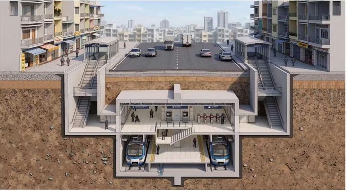 Phối cảnh tuyến Metro số 2 (Thành phố Thủ Dầu Một - TP.HCM) đoạn đi ngầm (phạm vi ga). Nguồn: MAUR.