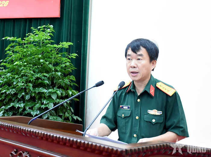 Đại tá Phạm Hải An, Phó tham mưu trưởng Bộ tư lệnh 86 phát biểu tại hội nghị.