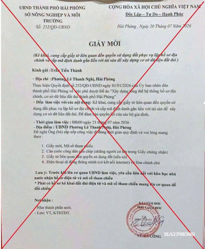 "Giấy mời", mạo danh Sở Nông nghiệp và Môi trường thành phố Hải Phòng nhằm lừa đảo (ảnh cơ quan Công an cung cấp).