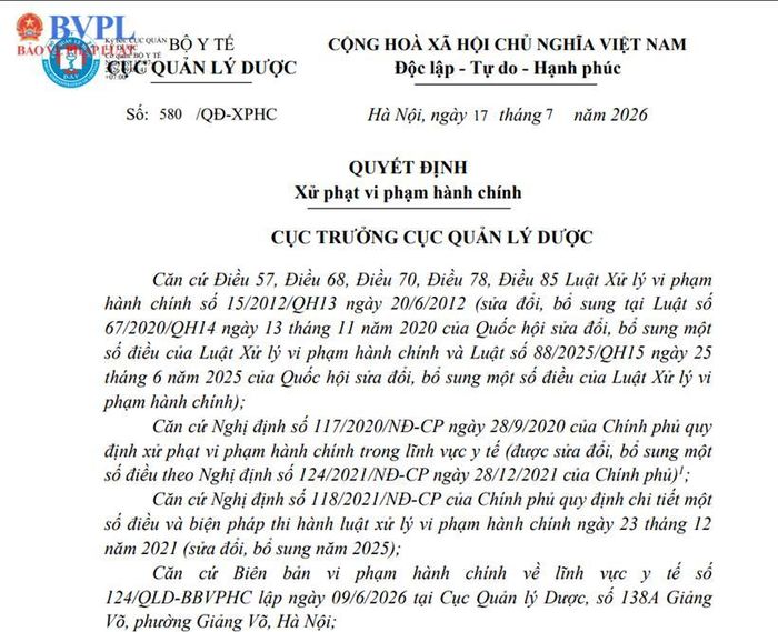 Quyết định xử phạt vi phạm hành chính đối với Công ty Cổ phần Dược phẩm Cửu Long. (Ảnh:MP)