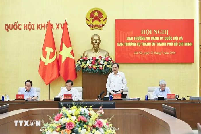 Chủ tịch Quốc hội Trần Thanh Mẫn phát biểu tại Hội nghị Ban Thường vụ Đảng ủy Quốc hội và Ban Thường vụ Thành ủy Thành phố Hồ Chí Minh.(Ảnh: Doãn Tấn/TTXVN)