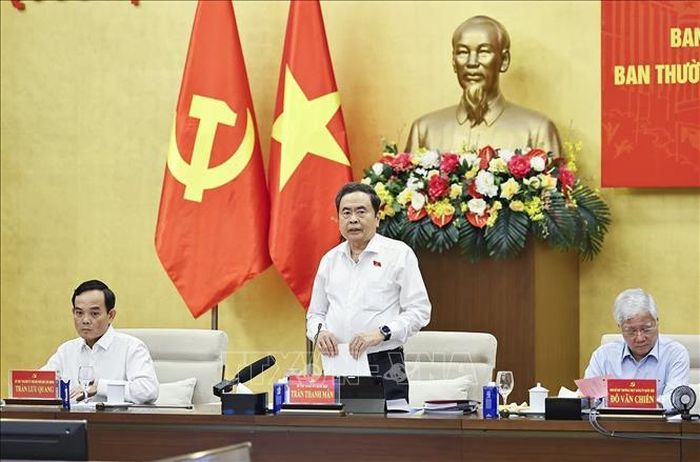 Chủ tịch Quốc hội Trần Thanh Mẫn phát biểu Hội nghị Ban Thường vụ Đảng ủy Quốc hội và Ban Thường vụ Thành ủy Thành phố Hồ Chí Minh. Ảnh: Doãn Tấn/TTXVN