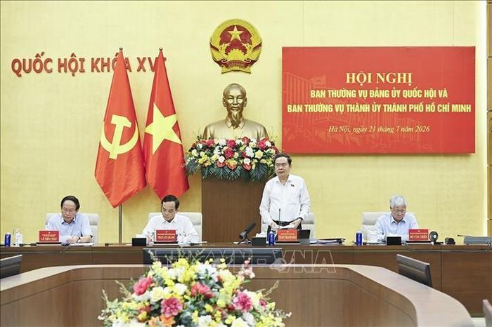 Chủ tịch Quốc hội Trần Thanh Mẫn phát biểu tại Hội nghị Ban Thường vụ Đảng ủy Quốc hội và Ban Thường vụ Thành ủy Thành phố Hồ Chí Minh. Ảnh: Doãn Tấn/TTXVN