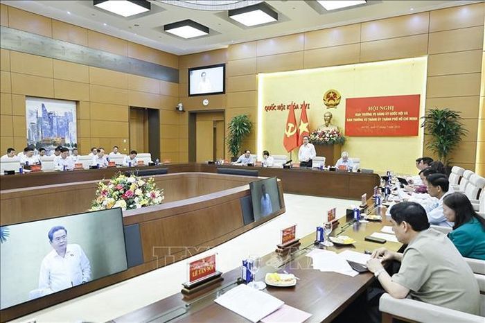 Chủ tịch Quốc hội Trần Thanh Mẫn chủ trì Hội nghị Ban Thường vụ Đảng ủy Quốc hội và Ban Thường vụ Thành ủy Thành phố Hồ Chí Minh. Ảnh: Doãn Tấn/TTXVN