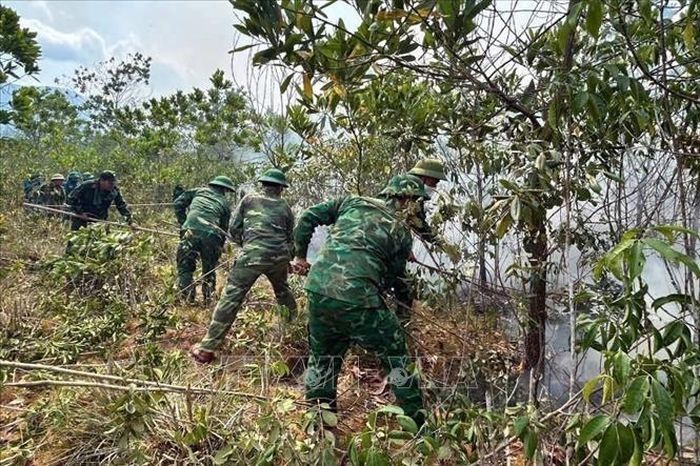 Đồn Biên phòng Cửa khẩu A Đớt, Ban Chỉ huy Bộ đội Biên phòng thành phố Huế cùng với các đơn vị địa phương kịp thời dập tắt đám cháy tại xã A Lưới 4, thành phố Huế. Ảnh: TTXVN phát