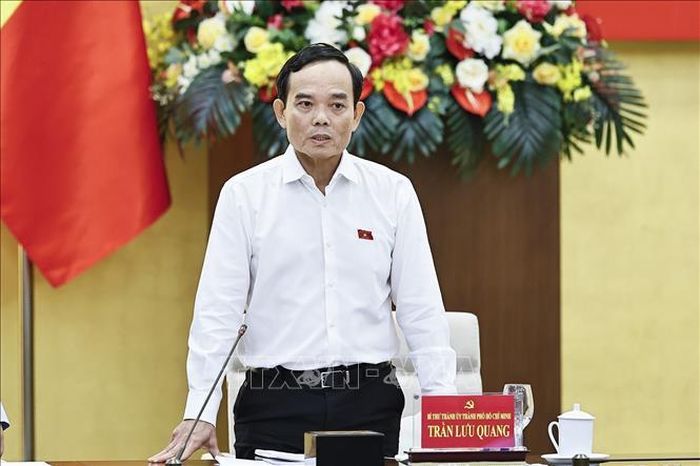 Ủy viên Bộ Chính trị, Bí thư Thành ủy Thành phố Hồ Chí Minh Trần Lưu Quang phát biểu. Ảnh: Doãn Tấn/TTXVN