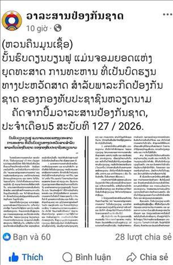 Bài đăng trên trang FB chính thức của Tạp chí Quốc phòng của Lào. Ảnh: TTXVN phát